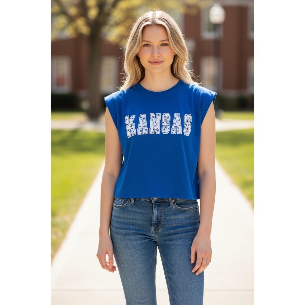 Kansas Jayhawks Cropped Muscle Tee T-Shirt Blue Floral Print College Top
$30